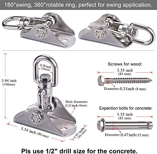 SELEWARE Innovative 1000 lb Capacity Permanent Antirust SUS304 360° Rotate Swing Hanger Suspension Hooks with Bolt for Concrete Wooden Sets Playground Porch Indoor Outdoor Seat, Gym - Image 6