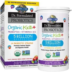 Garden of Life Dr. Formulated Probiotics Organic Kids+ Plus Vitamin C & D - Berry Cherry - Gluten, Dairy & Soy Free Immune & Digestive Health Supplement, No Added Sugar, 30 Chewables (Shelf Stable)