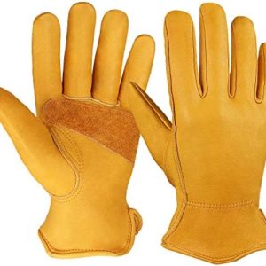 OZERO Flex Grip Leather Work Gloves Stretchable Wrist Tough Cowhide Working Glove 1 Pair (Gold, X-Large)