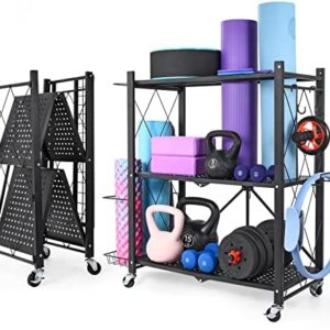 【Pre-Assembled】Yoga Mat Storage Rack,Home Gym Storage Cart,Workout Equipment Storage Organizer for Workout Room Yoga Accessories Dumbbell Kettlebell Resistance Bands,with Wheels Side Basket and Hooks