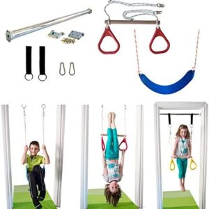 DreamGYM Doorway Swing for Kids Indoor - Trapeze Bar and Gymnastic Rings Combo and Classic Rope Swing for Doorway Gym