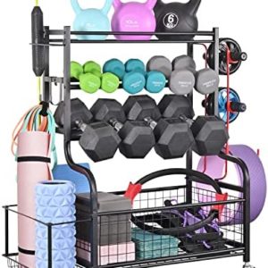 PLKOW Dumbbell Rack, Weight Rack for Dumbbells, Home Gym Storage for Dumbbells Kettlebells Yoga Mat and Balls, All in One Workout Storage with Wheels and Hooks, Powder Coated Finish Steel