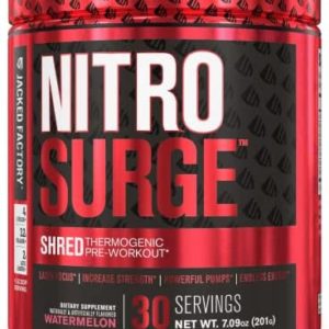 NITROSURGE Shred Pre Workout Supplement - Energy Booster, Instant Strength Gains, Sharp Focus, Powerful Pumps - Nitric Oxide Booster & PreWorkout Powder - 30Sv, Watermelon