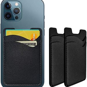 Phone Card Holder, Leather Phone Wallet Stick On, Stretchy Card Holder for Back of Phone Credit Card Holder for Phone Case Compatible with Most of Cell Phone (iPhone, Samsung) - 2Pack Black