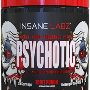 Insane Labz Psychotic, High Stimulant Pre Workout Powder, Extreme Lasting Energy, Focus and Endurance with Beta Alanine, Creatine Monohydrate DMAE, 35 Srvgs (Fruit Punch)
