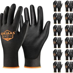 Safety Work Gloves Bulk Pack 12, Odorless Polyurethane Coated with Grip, Seamless Knit Working Gloves for Men Women, Ultra-Thin and Breathable, Ideal for Light Duty Work (Black, Large)