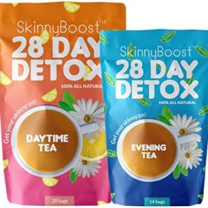 SkinnyBoost 28 Day Detox Tea Kit-1 Daytime Tea (28 Bags) 1 Evening Detox Tea (14 Bags) Non GMO, Vegan, Reduce Bloating, All Natural Detox and Cleanse