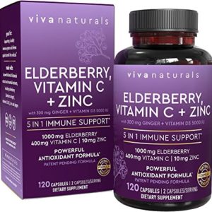 Viva Naturals Sambucus Elderberry with Vitamin C, Zinc, Vitamin D3 5000 IU & Ginger (120 Capsules) - Antioxidant & Immune Support Supplement, 2 Month Supply - 5 in 1 Black Elderberry for Adults