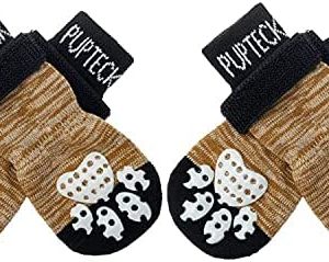 PUPTECK Double Side Anti-Slip Dog Socks with Adjustable Straps for Indoor Wear - 2 Pairs Pet Paw Protection Traction Control Socks on Hardwood Floor