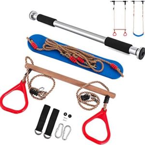 Happybuy Trapeze Bar with Rings, 220lbs Trapeze Swing Bar, Adjustable 39in 300lbs Doorway Gym Bar Swing Set Trapeze Bar Trapeze Ring for Sports Outdoor Play