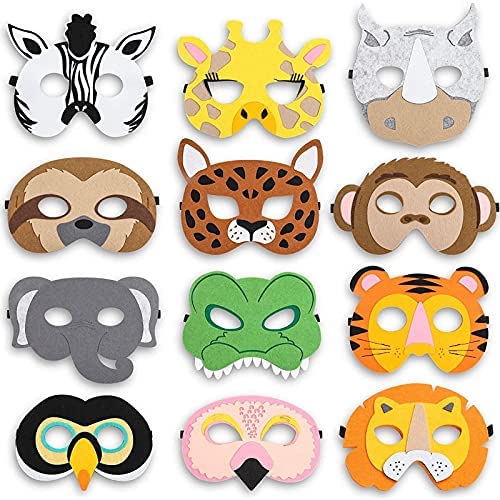 Felt Animal Masks for Jungle Birthday Party Favors (7 x 7.2 Inches, 12 Pack)