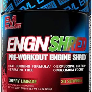 EVL Ultimate Pre Workout Powder - Thermogenic Fat Burner Preworkout Powder Drink for Lasting Energy Focus and Stamina - ENGN Shred Intense Fat Burning Creatine Free Preworkout Drink - Cherry Limeade