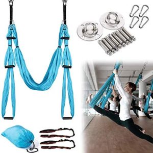MQSS Yoga Swing Hammock, Aerial Yoga Hammock Mounting Kit, Antigravity Ceiling Hanging Yoga Sling with Three Different Lengths of Handle for Professional and Beginners Blue