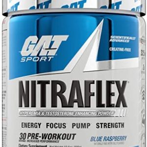 GAT Sport NITRAFLEX Testosterone Boosting Powder, Increases Blood Flow, Boosts Strength and Energy, Improves Exercise Performance, Creatine-Free (Blue Raspberry, 30 Servings)