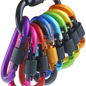 IEBUOBO 10 Pack Aluminum D Ring Key Rings Hiking Clips Locking Carabiner for Hiking Camping Fishing and Outdoor Use，Clips with Screw Gate Multicolored