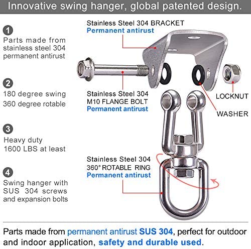 SELEWARE Innovative 1000 lb Capacity Permanent Antirust SUS304 360° Rotate Swing Hanger Suspension Hooks with Bolt for Concrete Wooden Sets Playground Porch Indoor Outdoor Seat, Gym - Image 4