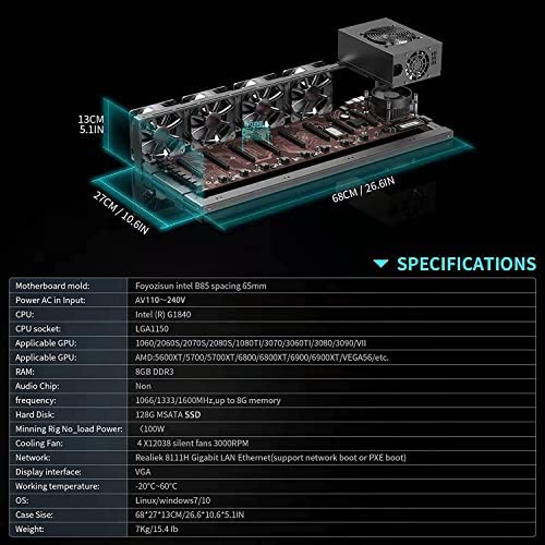Foyozisun GPU Mining Rig Complete System Ethereum ETC Crypto Miner with 8 GPU Mining Motherboard and 1800W Power Supply 8G RAM (Without GPU) - Image 4