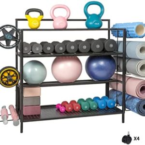 Omreid Home Gym Storage Rack,Yoga Mat Storage,Ball Storage,Dumbbell Rack,Weight Rack for Dumbbells, Kettlebells,Yoga Mat and Small Yoga Balls, All in One Workout Storage with Wheels and Hooks,Easy Assemble