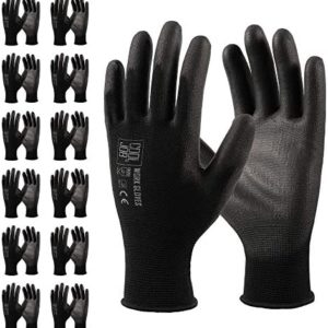 COOLJOB 12 Pairs Safety Work Gloves with Grip, Ultra-lite PU Coated Polyurethane Working Gloves for Men Women, 13 Gauge Seamless Knit for Warehouse Driver Worker, Bulk Pack Package, Large Black