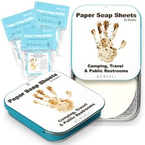 Paper Soap Sheets by Borsali; Mini Portable Travel Size Dissolvable Soap Flakes; Dry Soap Sheets For Camping, Travel, Public Restrooms; 2 Cases with 50 Sheets Each and 3 Refills To Go;