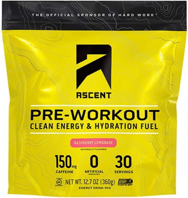 Ascent Pre Workout - Preworkout Powder, Zero Artificial Ingredients, Clean Energy for Men & Women, 150mg Caffeine - Raspberry Lemonade, 30 Servings