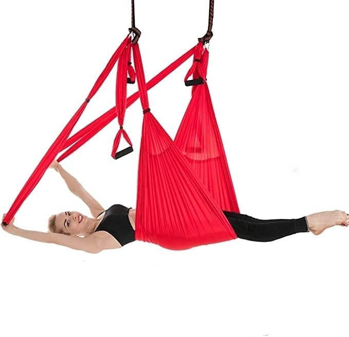 QueenLine Full Set 6 Handles Anti-Gravity Aerial Yoga Ceiling Hammock Flying Swing Trapeze Yoga Inversion Device Home Gym Hanging Belt Red Poland