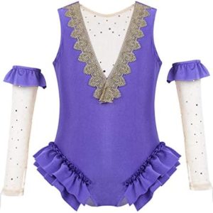 FEESHOW Kids Girls Purple Deluxe Dance Show Costume Trapeze Ruffle Leotard with Gloves Halloween Cosplay Party Outfit