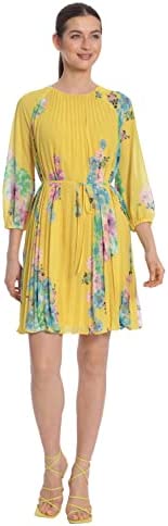 Maggy London Women's Floral Printed Raglan Sleeve Dress with Pleated Trapeze Body and Spaghetti Waist Tie - Image 2