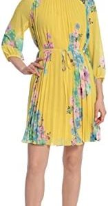 Maggy London Women's Floral Printed Raglan Sleeve Dress with Pleated Trapeze Body and Spaghetti Waist Tie