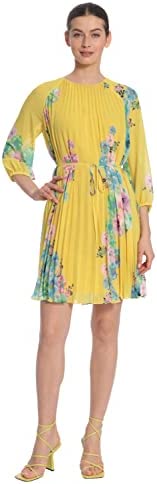 Maggy London Women's Floral Printed Raglan Sleeve Dress with Pleated Trapeze Body and Spaghetti Waist Tie