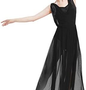 ODASDO Women Lyrical Modern Contemporary Dance Costume Leotard V-Neck Backless Split Tulle Skirt Flowy Overlay Dress