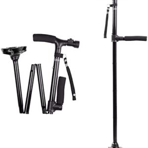 SUEH DESIGN Folding Walking Cane with LED Light for Men and Women, Adjustable Collapsible Elderly Walking Stick with Side Handle, Black