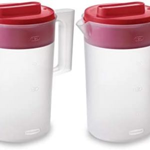 Rubbermaid 2-Piece Pitcher Set with 3 Position Pour Spout Lid for Water, Tea, and Drinks, Dishwasher Safe, 1-Gallon, Clear/Red