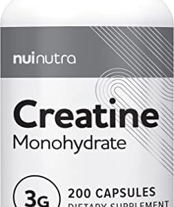 Nui Nutra Creatine Monohydrate Pills | 3G | 200 Capsules | Muscle Mass, Strength, and Performance Improvement for Men and Women | Pre Workout Energy & Post Workout Recovery