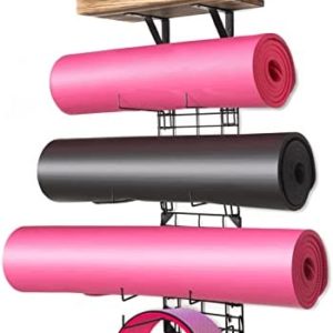 Yoga Mat Holder Wall Mount, Yoga Mat Storage Rack with 8 Detachable Stands, Adjustable Wall Organizer with Wood Floating Shelf & 4 Hooks for Hanging Foam Roller and Resistance Band at Home Gym