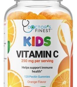Doctors Finest Vitamin C Gummies for Kids, Vegan, GMO Free & Gluten Free, Great Tasting Orange Flavor Pectin Chews, Kids Dietary Supplement, 120 Jellies [60 Doses]