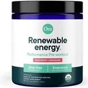 Ora Organic Natural Pre Workout Powder- Raspberry Lemonade Flavor- Vegan Certified Organic, Soy-Free, Dairy-Free, Gluten-Free- Provides Jitter-Free Energy Boost for Women & Men, 20 Servings