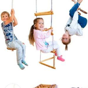 Gym Set for Kids 3in1: Trapeze Bar, Triangle Rope Ladder, Disk Swing - Indoor Kids Gym Climbing - Backyard Playset for Kids