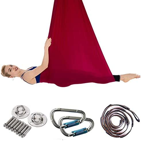 QueenLine Latest 4m Elastic Aerial Yoga Hammock Swing Anti-Gravity Flying Yoga Inversion Belts for Pilates Training Body Shaping Full Set Burgundy