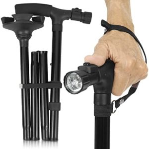 Vive Folding Cane with Light - Walking Adjustable Stick for Women, Men, Balance - Foldable Portable Collapsible Hand Balancing Mobility Aid - Lightweight, Heavy Duty, Comfortable - Swivel Quad Tip