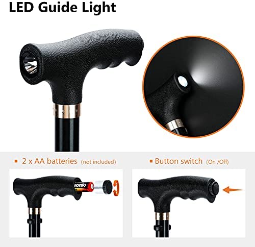 KAKICLAY Folding Walking Cane with LED Light for Men & Women, Foldable Adjustable Lightweight Aluminum Walking Stick Balancing Mobility Aid Cane - Image 2