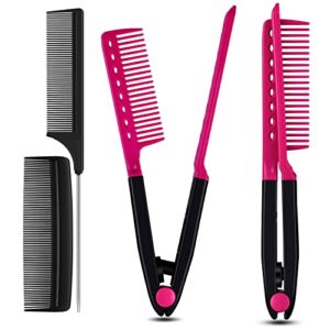 Comb for Hair, 3 in 1 V-Spring Grip Straightening Comb with Firm Grip&Rattail Pintail Comb&Pocket Fine Comb,Carbon Fiber Anti Static and Heat Resistant Teasing Comb,Styling Comb for Unkempt Hair (Pink)
