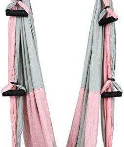 QueenLine Full Set 6 Handles Anti-Gravity Aerial Yoga Hammock Flying Swing Trapeze Yoga Inversion Exercises Device Home Gym Hanging Belt Pink