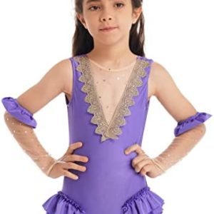 Yeeye Nikiikoo Kids Girls Sparkle Circus Show Trapeze Costume Dance Leotard with Mesh Gloves Performance Uniform