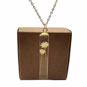Daisy Ivory Real Flowers Transparent Cube Resin Pendant 18k Gold Plated Chain Long Necklace
