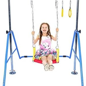 KidsJungle Kids Jungle Gym 3 in 1 Gymnastics Monkey Bar Deluxe Swing Set, Trapeze Rings, Adjustable Horizontal Climb Tower Playground Junior Training Blue
