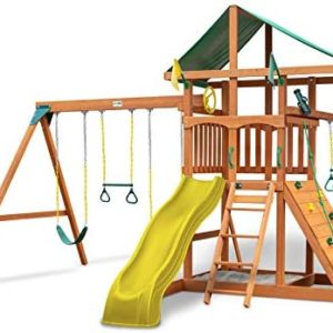 Gorilla Playsets 01-1064-Y Outing Wood Swing Set with Green Vinyl Canopy and Trapeze Arm - Yellow Slide