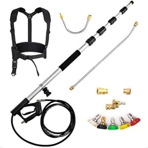 Goplus Pressure Washer Extension Wand, 18 FT Telescoping Gutter Cleaner Pole with 2 Adapters & Pivoting Coupler & 5 Spray Nozzle Tips & Support Harness for Wall Roof, 4200PSI
