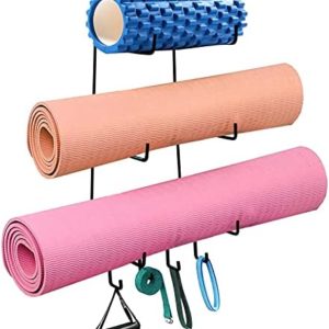 Yoga Mat Holder Wall Mount Yoga Mat Rack Storage Home Gym Accessories With 4 Hooks for Hanging Yoga Strap and Foam Roller Resistance Bands at Fitness Class or Home Gym