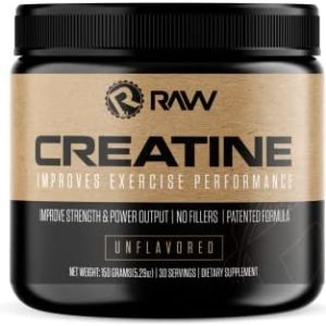 RAW NUTRITION Creatine Monohydrate Powder Unflavored | Micronized Creatine Monohydrate Supplement Helps Workout Performance, Build Muscle & Strength | Creatine for Men & Women, 150g (30 servings)